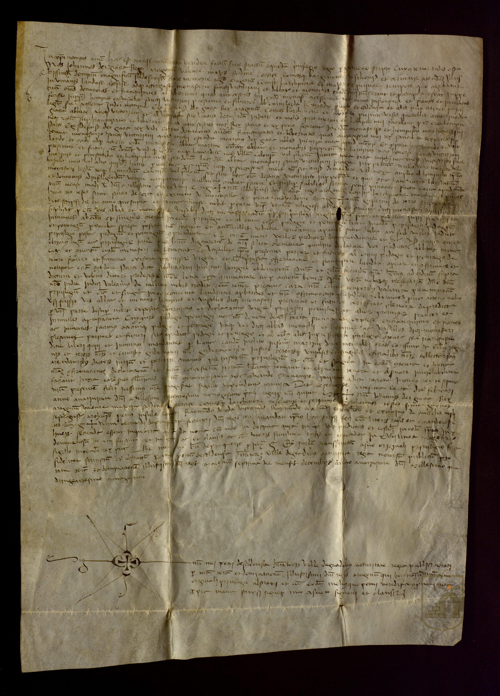 Juan I, rey de Aragón, confirma al monasterio de San Victorián y sus hombres un privilegio otorgado por Alfonso II en 1189 por el que se les libera del pago de lezdas, homicidios, calonias o pleitos a los oficiales reales